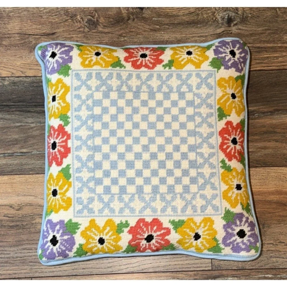 Vtg‎ Handmade Needlepoint Floral Light Blue Checkered Squares Throw Pillow